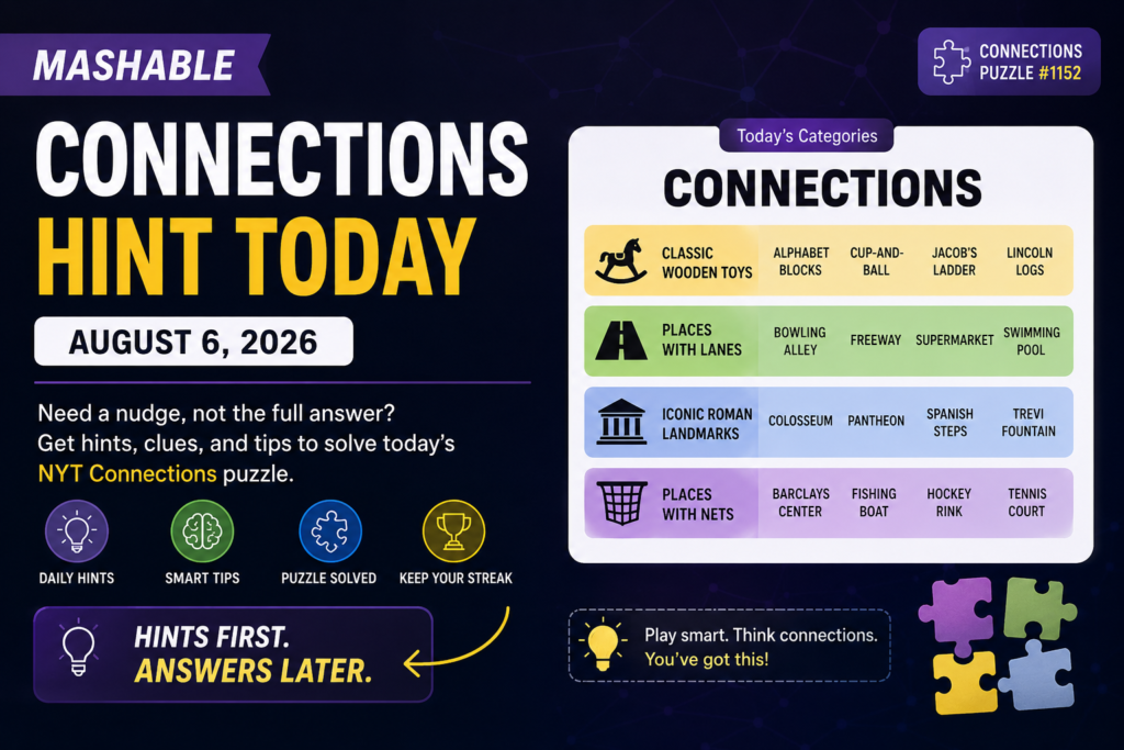 Mashable Connections Hint Today: Hints, Answers, and Solving Tips for August 6, 2026 Mashable Connections Hint Today